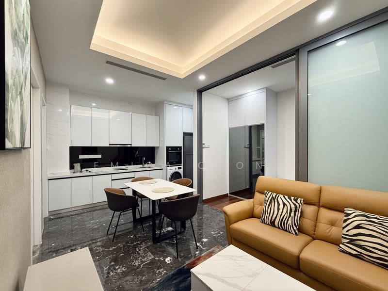 Living features: 3-seater leather sofa in beige, marble coffee table, area rug, wall-mounted TV, recessed downlights, floor-to-ceiling windows, open-plan layout with dining area, decorative wall art; style: modern. Dining features: 4-seater dining table, white dining chairs, kitchen cabinetry with white finish, built-in oven, stainless-steel fridge, ceramic tile flooring, grey accent wall; style: modern.