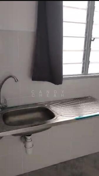 Room features: stainless-steel sink, chrome faucet, grey countertop, white tiled walls, grey flooring, window with metal grille, dark curtain.