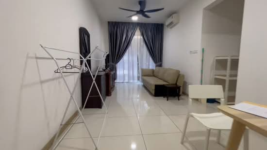 Living features: cream painted walls, glossy tile flooring, 5-blade ceiling fan with light, sofa in beige, coffee table, TV console, floor-to-ceiling windows with sheer curtains, curtains in dark grey, clothes drying rack, white chair, wooden cabinet; style: modern.