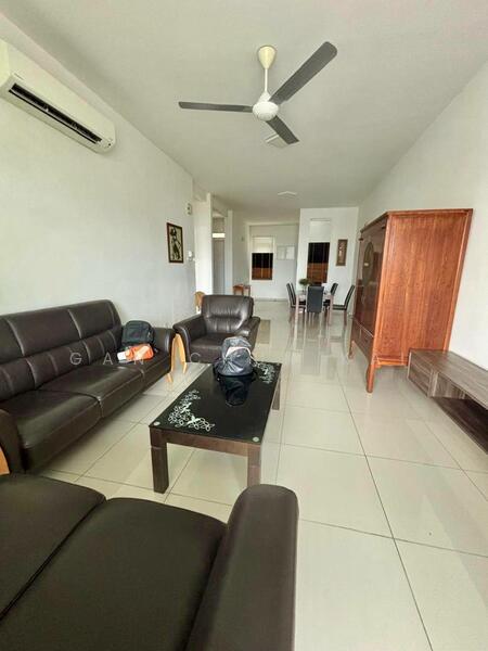 Living features: 3-seater leather sofa in dark brown, 2-seater leather sofa in dark brown, coffee table with black surface, ceiling fan, wall-mounted split AC, large floor tiles in cream, decorative wall art, wooden sideboard, dining table visible in background, light-colored walls; style: modern.