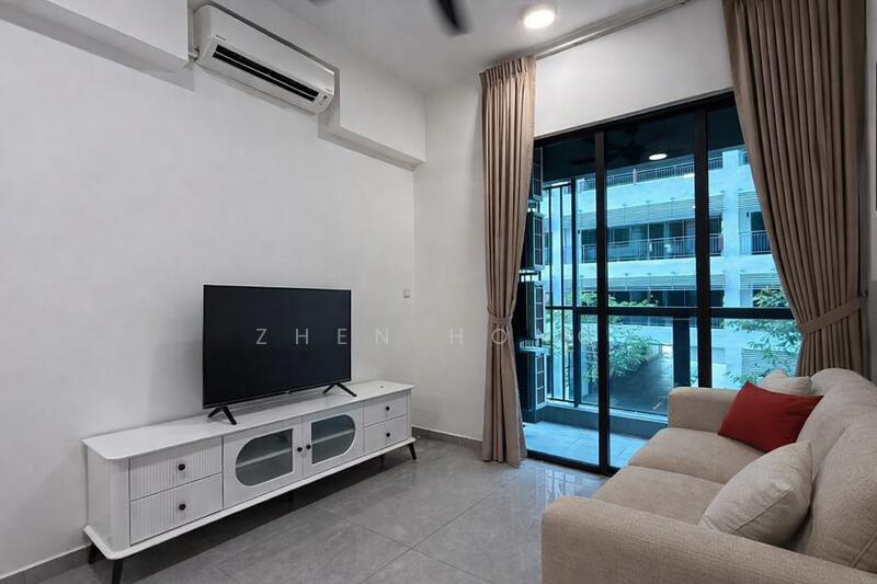 Living features: light grey tiled flooring, white painted walls, ceiling-mounted air conditioning unit, 5-blade ceiling fan, wall-mounted flat-screen TV, white TV console with storage, beige fabric sofa, large sliding glass door, floor-to-ceiling curtains, outdoor view of greenery; style: modern; view: garden.