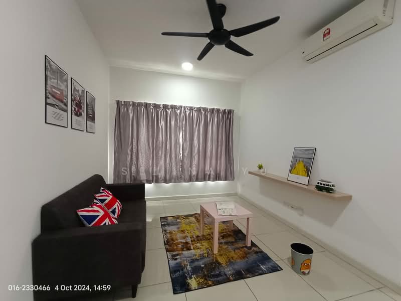 Living features: 3-seater fabric sofa in dark grey, ceiling fan with light, wall-mounted air conditioning unit, white painted walls, tile flooring, large window with sheer curtains, decorative area rug with abstract pattern, coffee table in light wood, framed artwork on walls, decorative plant in ceramic pot; style: modern.