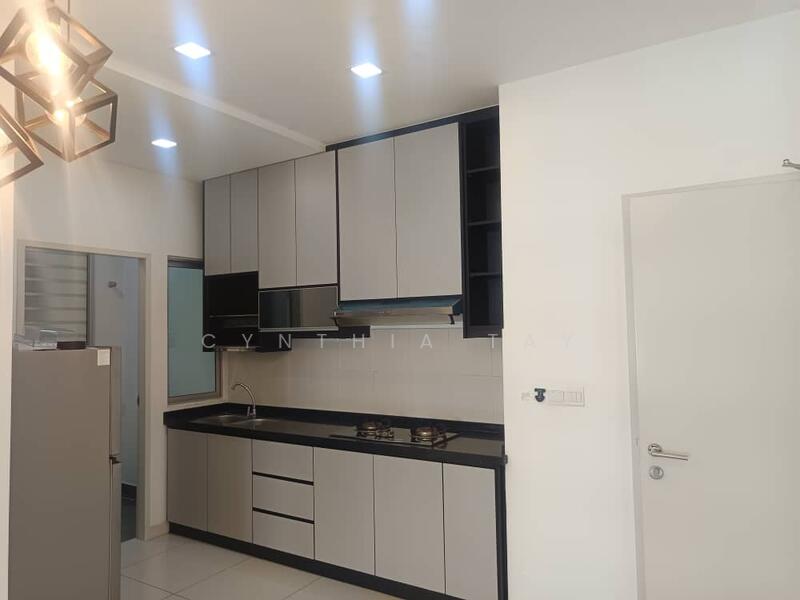 Kitchen features: grey cabinetry, black countertop, stainless-steel sink, chrome pull-down faucet, built-in gas hob, exhaust hood, refrigerator, white tiled backsplash, recessed LED downlights, white walls, floor tiles, open shelving; style: modern.