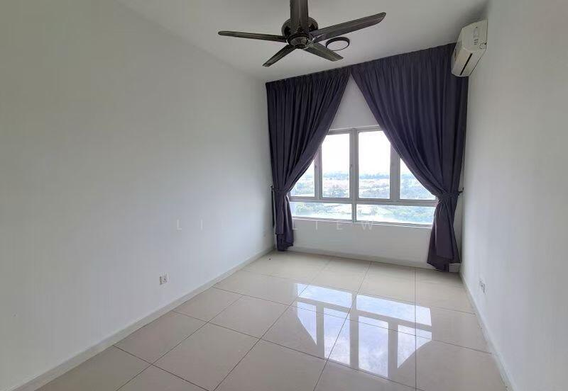 Room features: white painted walls, glossy tile flooring, 5-blade ceiling fan, floor-to-ceiling windows, grey curtains, wall-mounted split AC; style: modern; view: city.