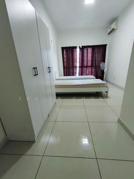 Bedroom features: white walls, glossy tile flooring, queen-size bed, built-in wardrobe with sliding doors, floor-to-ceiling windows, dark curtains, air conditioning unit, ceiling light; style: modern.