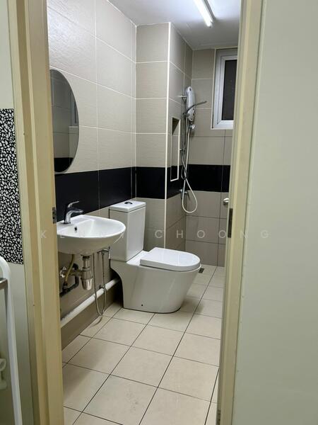 Bathroom features: white tiled walls, black accent tiles, ceramic tile flooring, single-sink vanity with chrome faucet, framed mirror, one-piece toilet, handheld shower, shower head mounted on wall, window for natural light, ceiling-mounted light fixture; style: modern.