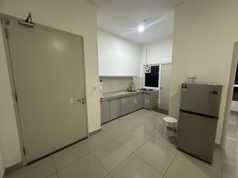 Kitchen features: grey cabinetry, white countertop, stainless-steel fridge, built-in sink, single-bowl stainless-steel sink, chrome faucet, ceramic tile flooring, wall-mounted cabinet, window with view, stool, kitchen appliances, open layout; style: modern.