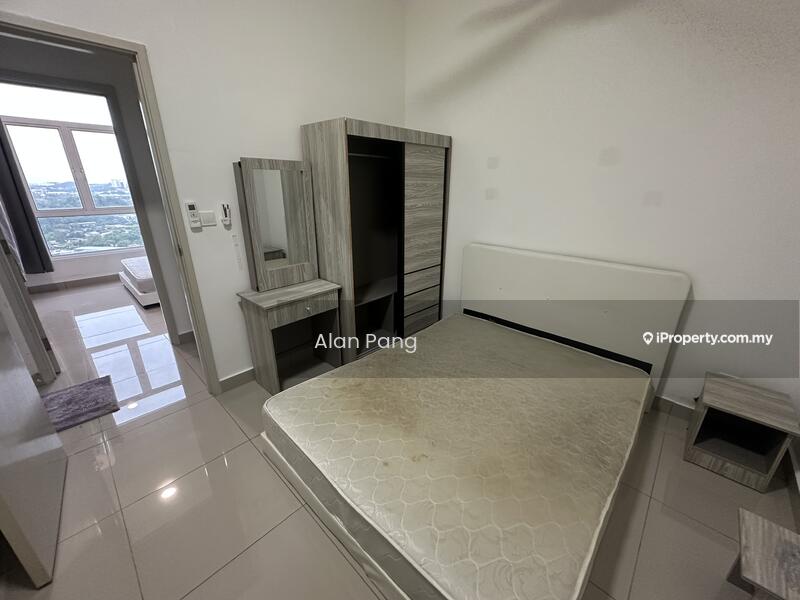 Bedroom features: queen-size bed, upholstered headboard, wooden bedside tables, built-in wardrobe with sliding doors, full-length mirror, white painted walls, glossy tile flooring, floor-to-ceiling window, city view, ceiling fan; style: modern; view: city.