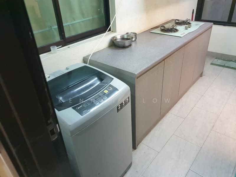 Laundry features: washing machine, grey countertop, cabinets with flat-panel doors, two-burner gas stove, stainless steel bowl, tile flooring, white painted walls, window for natural light.