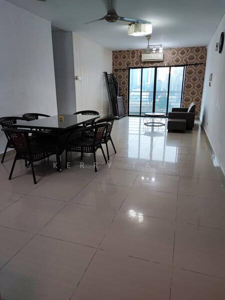 Living features: white painted walls, glossy tile flooring, 5-blade ceiling fan with light, large sliding glass door, floor-to-ceiling windows, black dining table with six chairs, sofa in grey fabric, decorative wall with patterned wallpaper, coffee table, area rug; style: modern; view: city.
