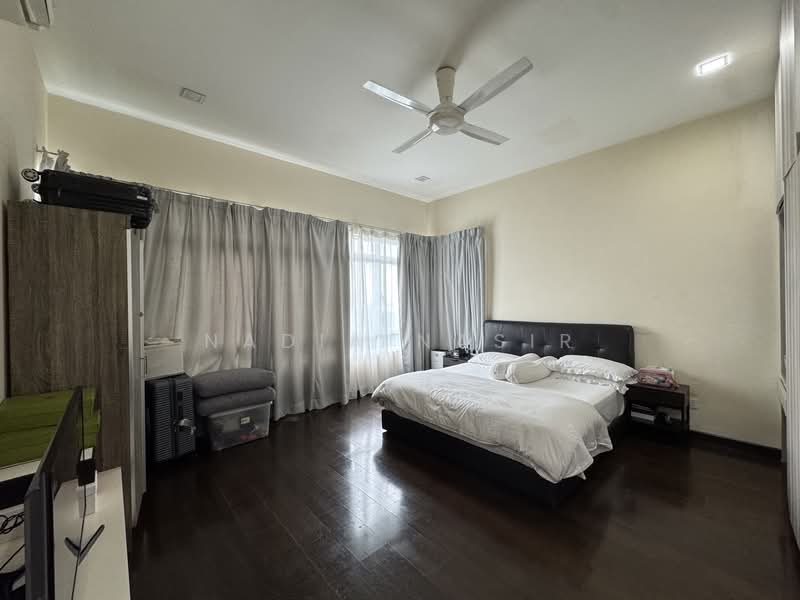Bedroom features: queen-size bed with white bedding, upholstered headboard in black, 2 bedside lamps, wooden flooring, floor-to-ceiling window with sheer curtains, grey curtains, ceiling fan, TV console, wall-mounted TV, decorative wall paneling; style: modern.