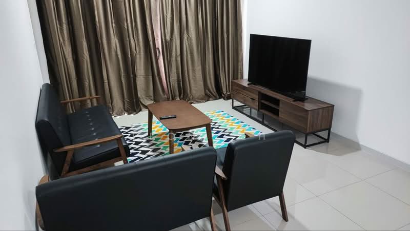 Living features: black leather sofa, 2-seater sofa, wooden coffee table, TV console in dark wood, wall-mounted TV, area rug with geometric pattern, floor-to-ceiling curtains in brown, glossy tile flooring, white painted walls; style: modern.