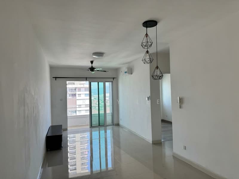 Living features: white painted walls, polished tile flooring, 5-blade ceiling fan with light, recessed downlights, sliding glass door, floor-to-ceiling windows, black console table, hanging pendant lights; style: modern; view: city.