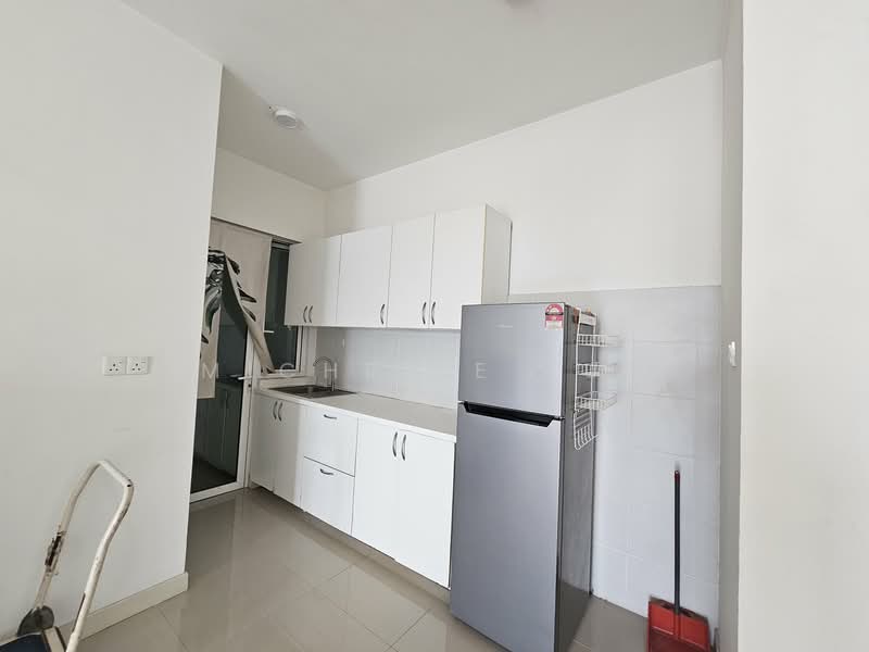 Kitchen features: white cabinetry, stainless-steel fridge, single-bowl stainless-steel sink, chrome pull-down faucet, white tiled backsplash, grey countertop, ceramic tile flooring, wall-mounted storage rack, window with sheer curtains, cleaning broom, open layout; style: modern.