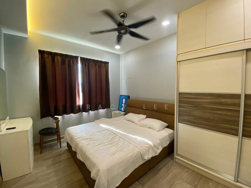 Bedroom features: king-size bed with white bedding, upholstered headboard, 2 bedside pillows, ceiling fan with 5 blades, brown wooden wardrobe with sliding doors, white dresser with drawers, brown chair, brown laminate flooring, curtains in dark brown, window with natural light; style: modern.