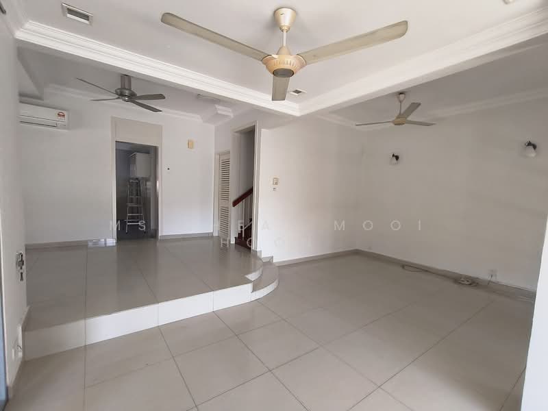 Living features: white painted walls, ceramic tile flooring, tray ceiling, 2 ceiling fans, recessed downlights, air conditioning unit, step-up area, open layout; style: modern. Room features: white painted walls, ceramic tile flooring, doorway leading to hallway.