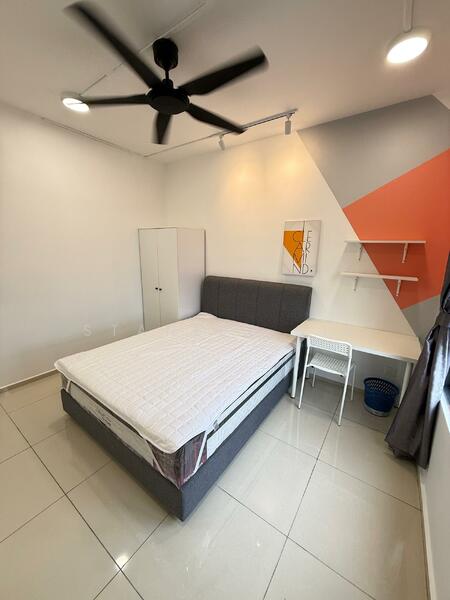 Bedroom features: queen-size bed, upholstered headboard, white bedding, 2 bedside lamps, built-in wardrobe with sliding doors, study desk with chair, wall-mounted shelf, grey accent wall, white painted walls, ceiling fan with light, tile flooring, window with curtain; style: modern.