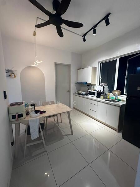 Kitchen features: white painted walls, glossy white cabinetry, black refrigerator, stainless-steel sink, chrome pull-down faucet, white countertop, 4-burner gas hob, pendant light, 5-blade ceiling fan, dining table with 4 chairs, tile flooring, window with black frame; style: modern.