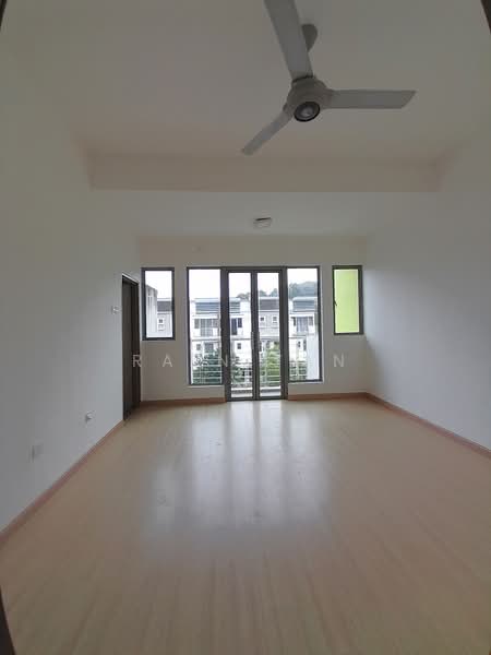 Room features: light wood laminate flooring, white painted walls, 5-blade ceiling fan, floor-to-ceiling windows, sliding glass door, green window treatment, natural light from windows, view of outdoor greenery; style: modern; view: garden.