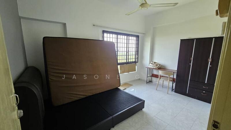 Bedroom features: queen-size bed, black upholstered bed frame, brown mattress, white walls, ceiling fan, window with black grille, desk with chair, dark wood wardrobe, tile flooring.