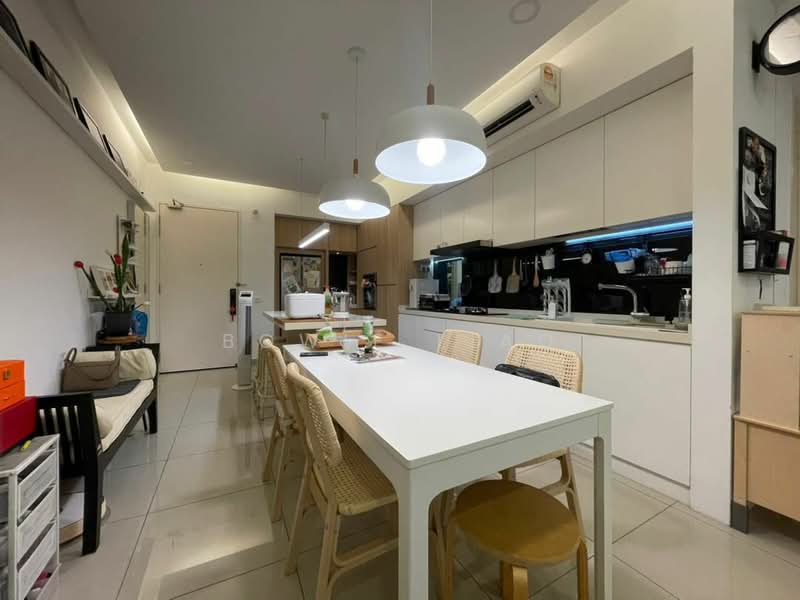 Kitchen features: white cabinetry, marble countertop, stainless-steel appliances, built-in oven, freestanding refrigerator, 4-burner gas hob, double-bowl stainless-steel sink, chrome pull-down faucet, pendant lighting, dining table with white finish, rattan dining chairs, tile flooring, recessed lighting, open shelving, wall-mounted air conditioning unit; style: modern.