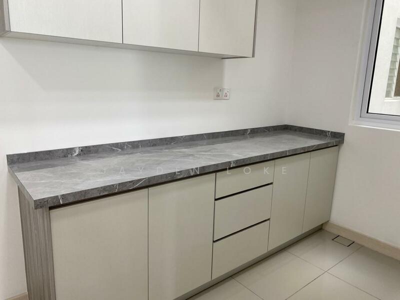 Kitchen features: grey marble countertop, light-colored cabinetry, three drawers, two upper cabinets, single window, neutral wall color, tile flooring; style: modern.