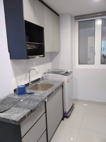 Laundry features: grey granite countertop, single-bowl stainless-steel sink, chrome pull-down faucet, built-in cabinetry in light grey, white washing machine, white tiled walls, white tiled flooring, floor-to-ceiling window; style: modern.