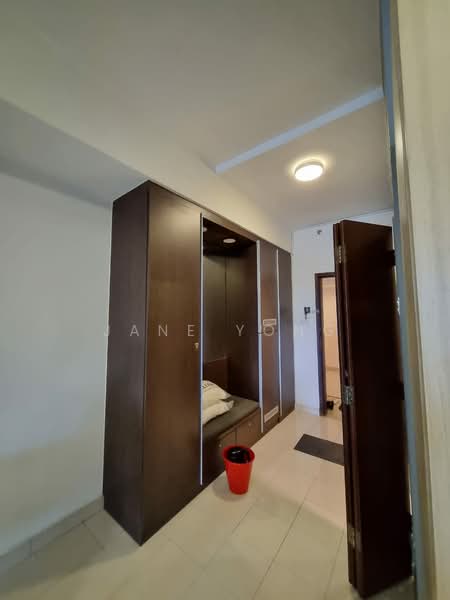 Room features: built-in wardrobe with sliding doors, neutral painted walls, tile flooring, ceiling light fixture, door leading to another room, small waste bin, bed with bedding visible; style: modern.