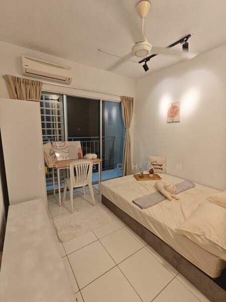 Bedroom features: queen-size bed with beige bedding, white walls, sliding glass door to balcony, floor-to-ceiling windows, white ceiling with recessed downlights, 5-blade ceiling fan, light-colored area rug, small dining table with two chairs, decorative wall art, built-in wardrobe, curtains, plush toy on bed; style: modern; view: city.