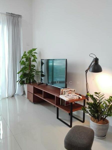Living features: white painted walls, glossy tile flooring, floor-to-ceiling windows with sheer curtains, wooden TV console, flat-screen TV, black floor lamp, decorative houseplants in ceramic pots, small coffee table, grey upholstered stool; style: modern.