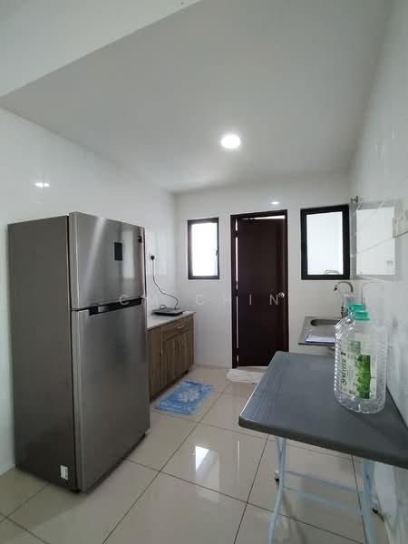 Kitchen features: stainless-steel fridge, wood cabinetry, grey countertop, white tiled walls, cream tiled flooring, single-basin sink, window with black frame, door with black frame, LED ceiling light, foldable table, water dispenser; style: modern.