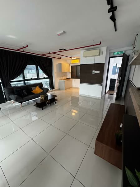 Living features: large floor-to-ceiling windows, black fabric sofa, yellow decorative cushion, white tiled flooring, recessed ceiling lights, air conditioning unit, black curtains, wooden TV console, wall-mounted shelves; style: modern; view: city. Kitchen features: white cabinetry, stainless-steel sink, built-in oven, cooktop, grey countertop, refrigerator, open layout, pendant lighting; style: modern.