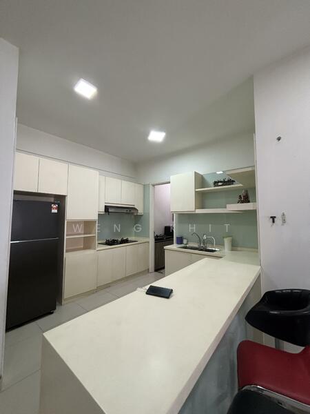 Kitchen features: white cabinetry, stainless-steel fridge, built-in oven, 4-burner gas hob, white countertop, open shelving, wall-mounted cabinets, tile flooring, recessed LED downlights; style: modern.