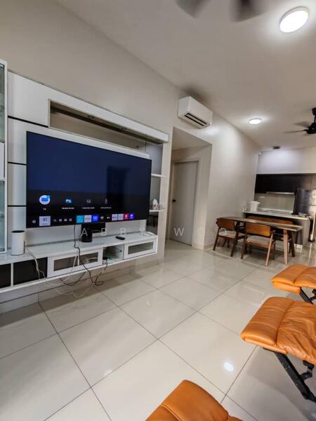 Living features: white painted walls, glossy tile flooring, 5-blade ceiling fan with light, wall-mounted TV, TV console with storage, recessed downlights, orange leather recliner chairs, open layout to dining area, air conditioning unit; style: modern.
