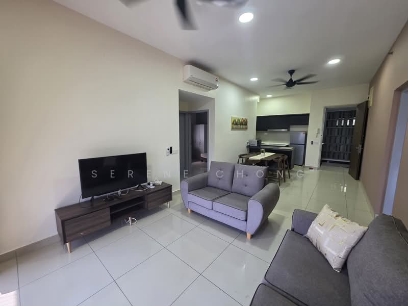 Living features: grey fabric sofa, 2-seater sofa, 3-seater sofa, wooden coffee table, wall-mounted TV, TV console, ceiling fan, recessed lighting, white painted walls, glossy tile flooring, air conditioning unit; style: modern. Dining features: dining table for 6, wooden dining chairs, open-plan layout; style: modern.