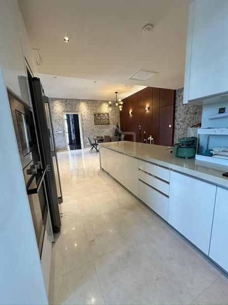 Kitchen features: white cabinetry, marble countertop, stainless-steel fridge, built-in oven, freestanding range oven, pendant lighting, recessed downlights, cream tile flooring, textured accent wall, open layout, island counter, bar stools; style: modern.