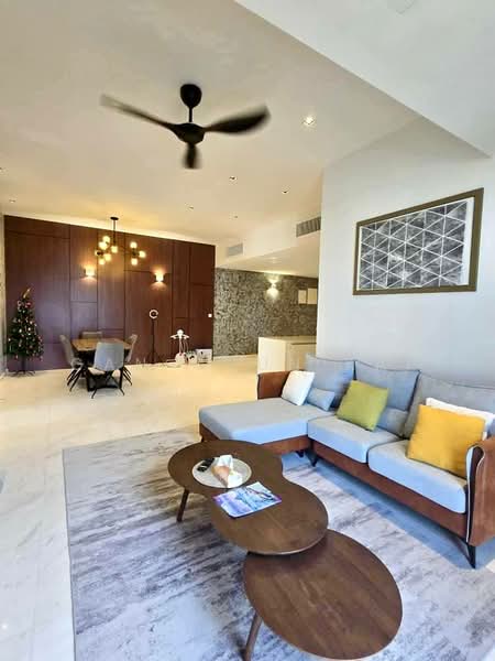 Living features: 3-seater fabric sofa in light grey, wooden coffee table, area rug with geometric pattern, 5-blade ceiling fan, wall-mounted artwork, decorative wall with stone cladding, recessed downlights, large windows with natural light, decorative plants, dining area visible in background, wooden dining table with chairs, Christmas tree in corner; style: modern.