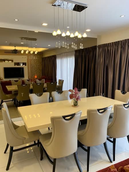 Dining features: large rectangular dining table with cream surface, 8 upholstered dining chairs in cream, chandelier with multiple pendant lights, recessed ceiling lights, floor-to-ceiling windows with sheer curtains, dark brown curtains, decorative flower vase on table, wall-mounted TV visible in background, textured feature wall behind dining area, white tiled flooring; style: modern.