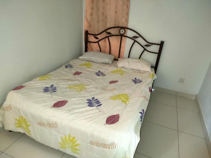 Bedroom features: queen-size bed with floral bedding, two white pillows, light-colored walls, cream tiled flooring, curtains with floral pattern, metal bed frame, single bedside wall, minimal decor; style: minimalist.