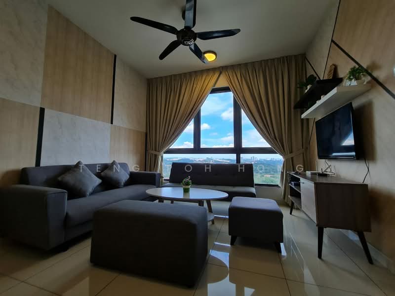 Living features: 3-seater fabric sofa in grey, coffee table, TV console, wall-mounted TV, floor-to-ceiling windows, curtains, ceiling fan with light, decorative plant, polished tile flooring, wood panel accent wall; style: modern; view: city.