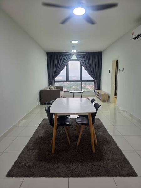 Living features: white painted walls, glossy tile flooring, 5-blade ceiling fan with light, floor-to-ceiling windows, grey curtains, dining table with wooden legs, 4 black dining chairs, area rug with plush texture, sofa in neutral color, wall-mounted air conditioning unit; style: modern; view: city.