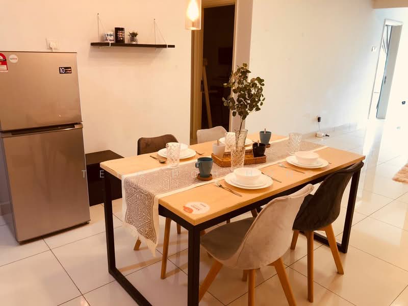 Dining features: rectangular dining table, 4 dining chairs in grey and beige, white plates, cutlery, glass vase with greenery, pendant light fixture, fridge, white tiled flooring, neutral wall color, shelf on wall; style: modern.