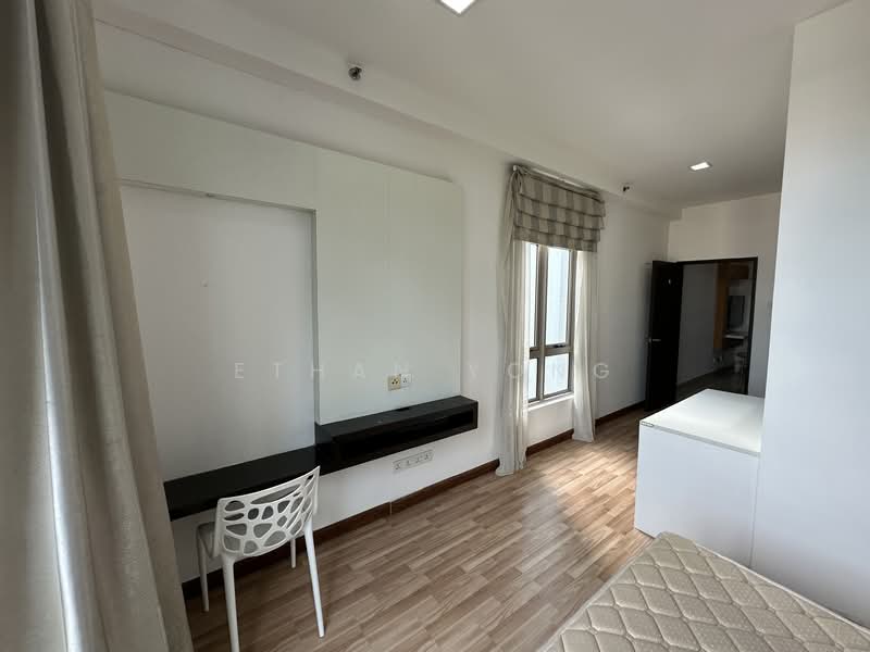 Room features: wooden flooring, white painted walls, large window with city view, curtains, built-in wall mirror, black wall-mounted desk, white chair, light fixture on ceiling; style: modern; view: city.