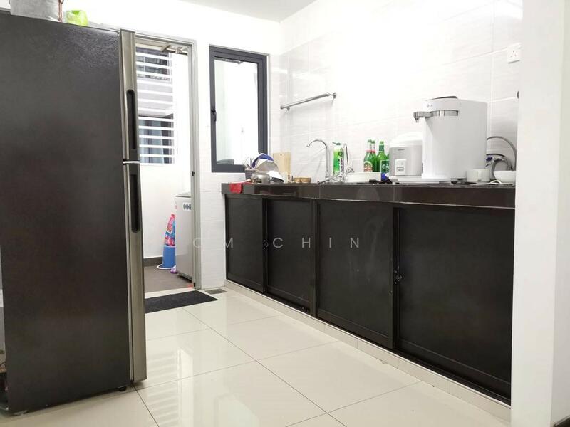 Kitchen features: stainless-steel fridge, black cabinetry with sliding doors, white tiled walls, white countertop, single-bowl stainless-steel sink, chrome pull-down faucet, built-in water dispenser, ceramic tile flooring, window with black frame, dish rack, bottles and containers on countertop; style: modern.