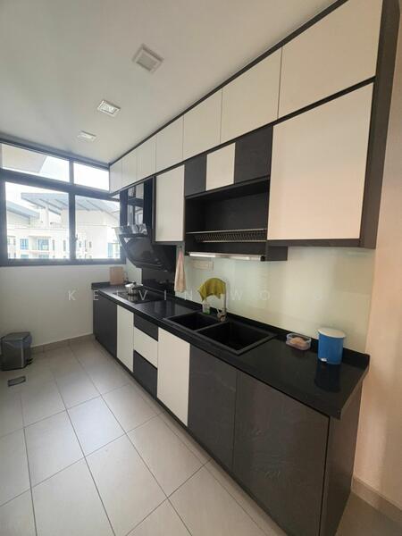 Kitchen features: black granite countertop, white and black cabinetry, double-bowl stainless-steel sink, chrome pull-down faucet, built-in oven, ceramic tile flooring, recessed downlights, window with view, open shelving, kitchen island, dishwasher, microwave; style: modern.