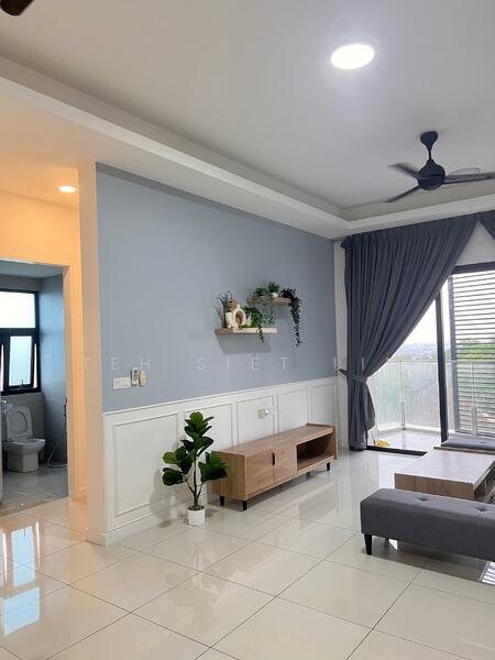 Living features: grey accent wall, white wainscoting, polished tile flooring, 5-blade ceiling fan with light, large sliding glass door, floor-to-ceiling windows, curtains in grey, wooden coffee table, grey fabric sofa, decorative wall shelf with plants, indoor plant in ceramic pot; style: modern; view: city. Room features: toilet visible, light blue walls, ceramic tile flooring.