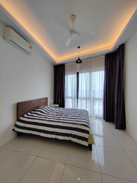 Bedroom features: king-size bed with striped bedding, floor-to-ceiling windows, purple curtains, white painted walls, glossy tile flooring, 5-blade ceiling fan with light, recessed lighting, air conditioning unit on wall; style: modern; view: city.