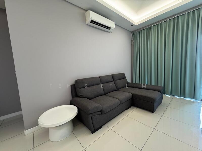Living features: 3-seater fabric sofa in grey, L-shape sectional sofa, white round side table, floor-to-ceiling windows, light green curtains, white tiled flooring, wall-mounted split AC, recessed ceiling lights, neutral grey painted walls; style: modern.