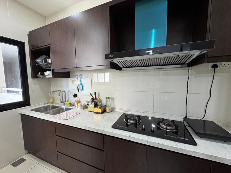 Kitchen features: dark wood cabinetry, white marble countertop, stainless-steel sink, chrome pull-down faucet, built-in gas hob with 2 burners, stainless-steel range hood, white tiled backsplash, under-cabinet lighting, open shelving, kitchen utensils and containers on countertop; style: modern.
