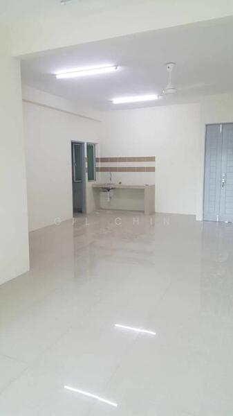 Room features: white painted walls, polished ceramic tile flooring, ceiling with recessed lighting, single-bowl stainless-steel sink, kitchen countertop, wall-mounted cabinets, sliding glass door, ceiling fan; style: modern.